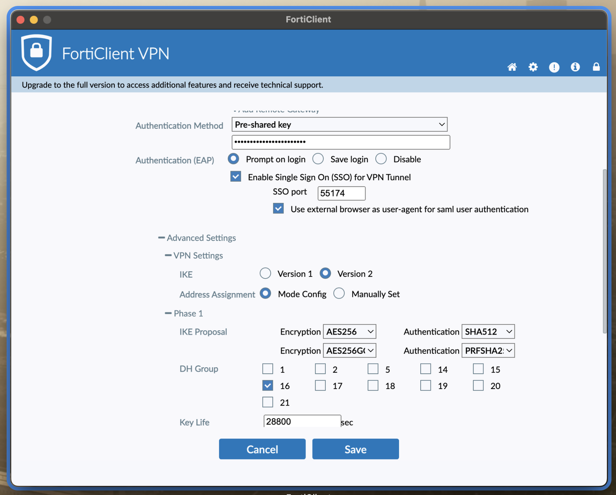 FortiClient VPN - IPSEC configuration